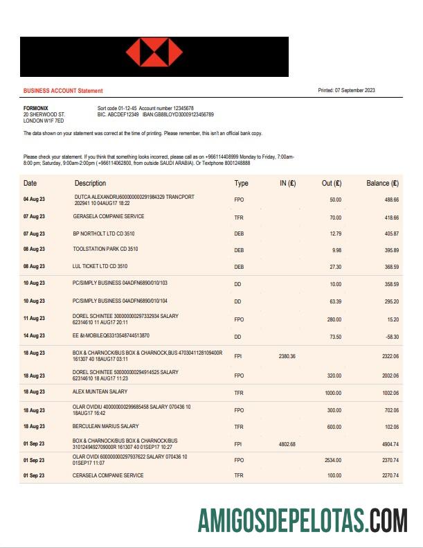 Imprimível Saudi British Bank Business Statement modelo Word e PDF